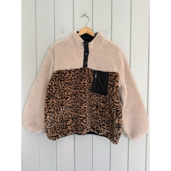 Rails Saga Jacket L Large Faux Fur Cream Leopard Print Teddy Popover Mock Neck - Picture 1 of 9